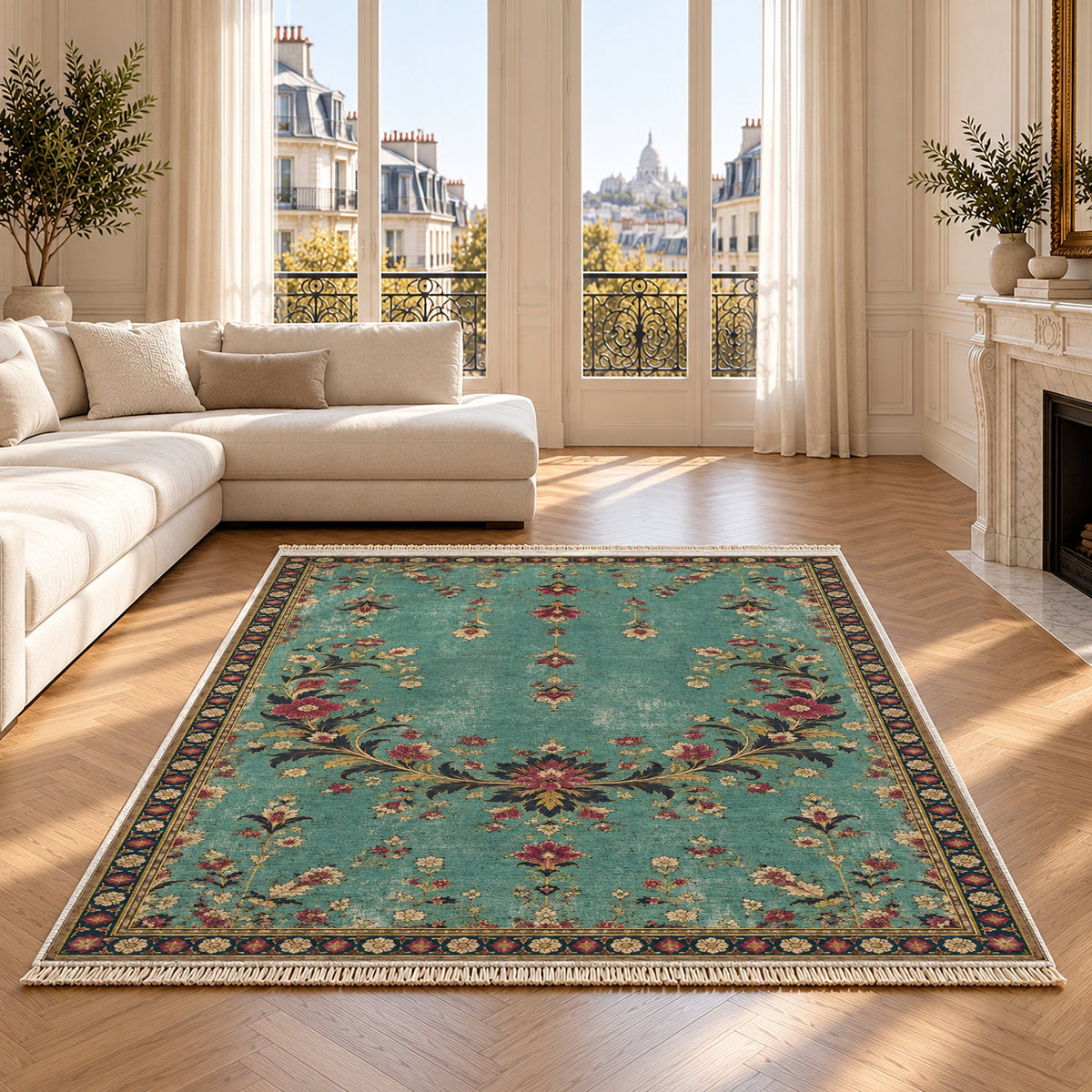 Petal Crescent Court Lagoon & Berry washable rug on an oak floor
