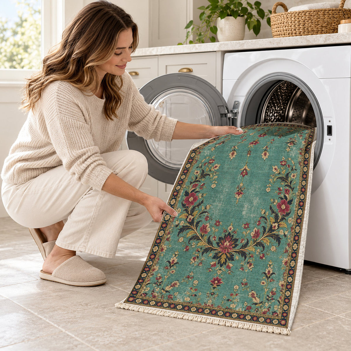 Petal Crescent Court Lagoon & Berry washable rug being loaded into a washing machine