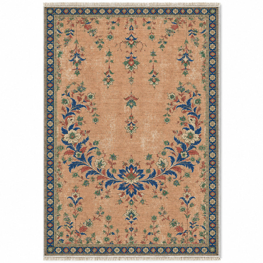 Petal Crescent Court Peach, Cobalt & Jade Distressed Washable Rug