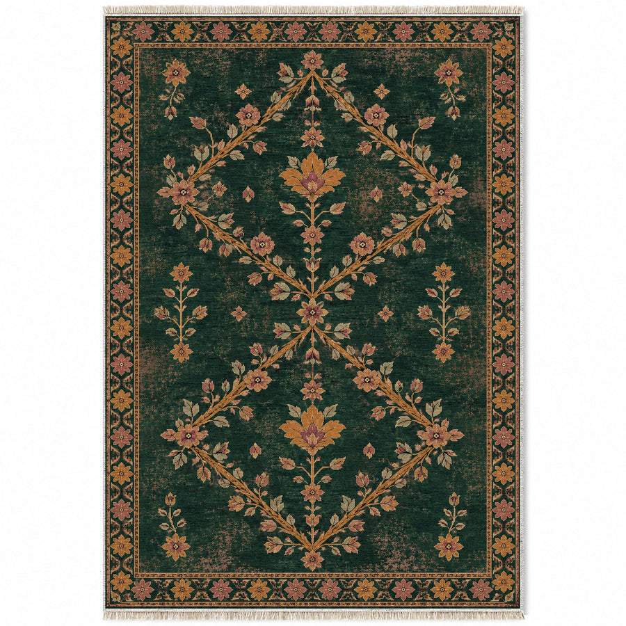 Petalled Diamond Lace Forest & Marigold Distressed Washable Rug