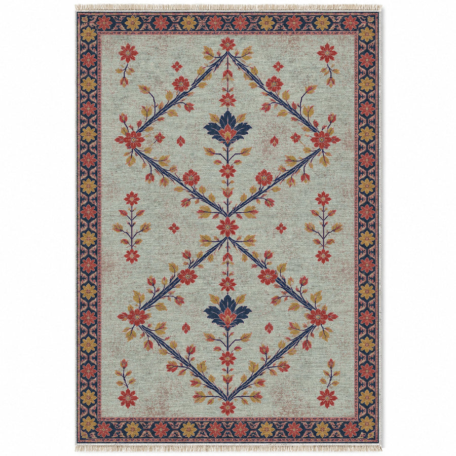 Petalled Diamond Lace Glacier, Ink & Vermilion Distressed Washable Rug