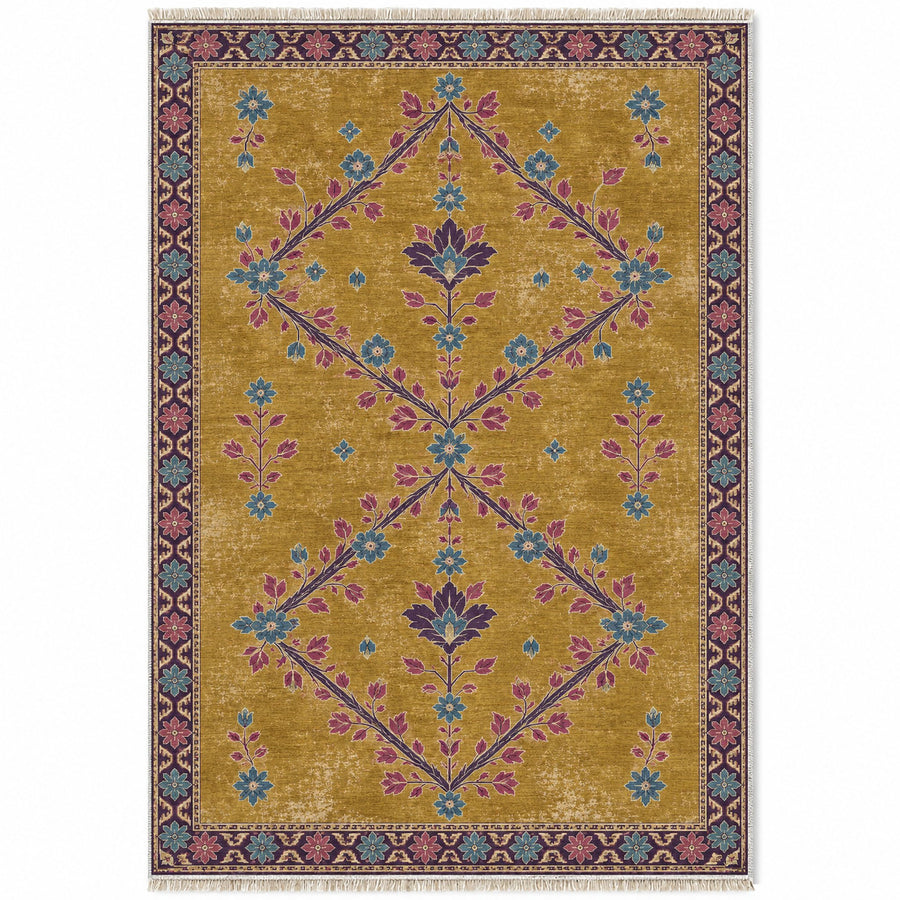 Petalled Diamond Lace Golden, Plum & Azure Distressed Washable Rug