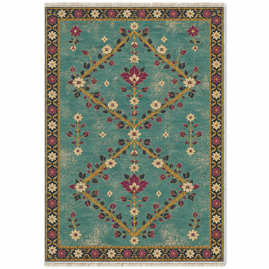 Petalled Diamond Lace Lagoon & Berry Distressed Washable Rug