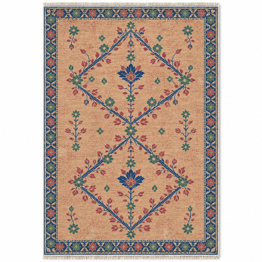 Petalled Diamond Lace Peach, Cobalt & Jade Distressed Washable Rug