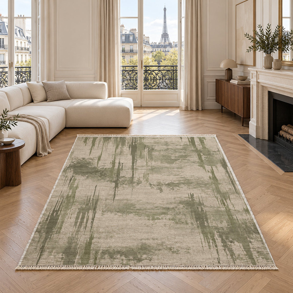 Pigment Rain Ivory & Sage washable rug in a living room with an Eiffel Tower view