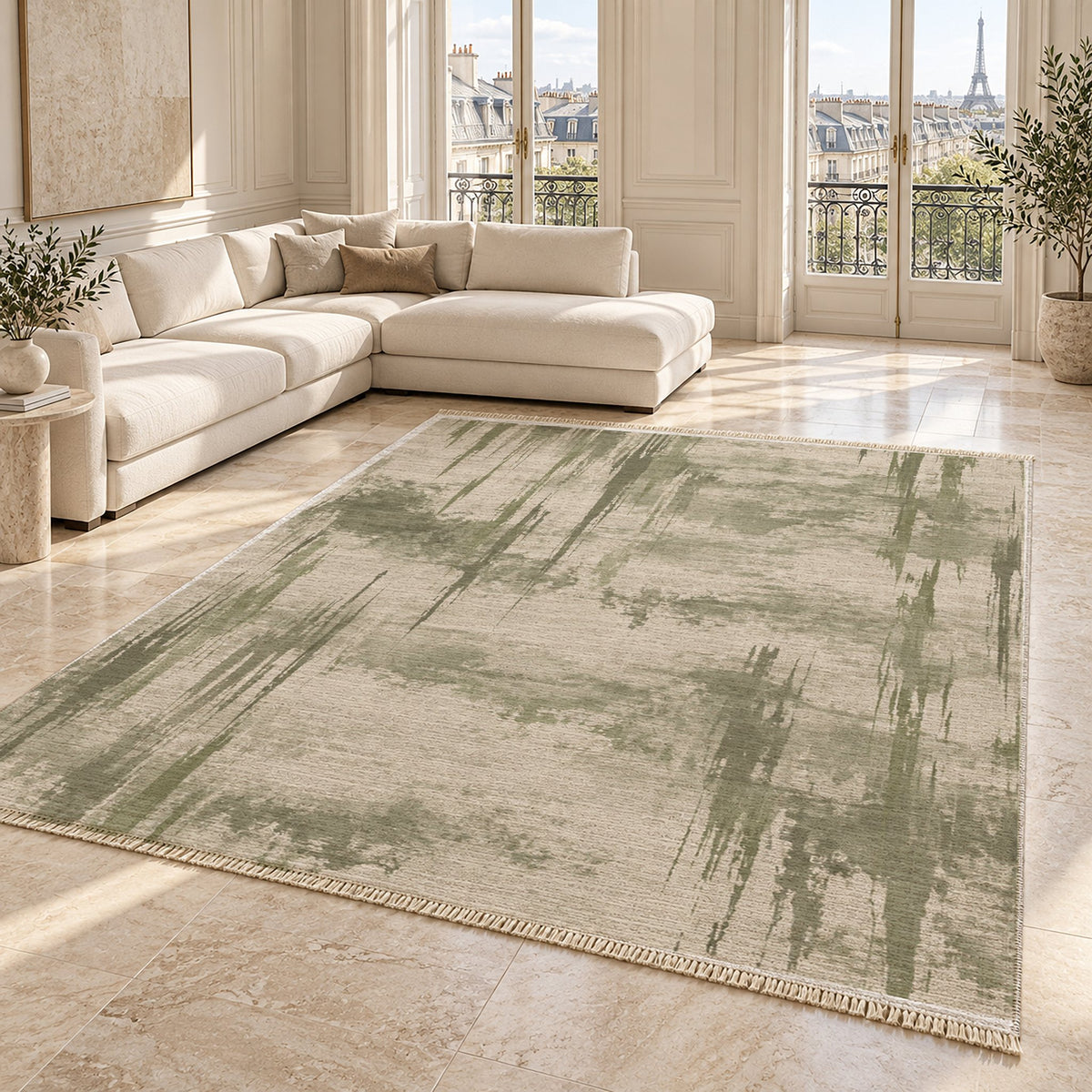 Pigment Rain Ivory & Sage washable rug angled room view on marble