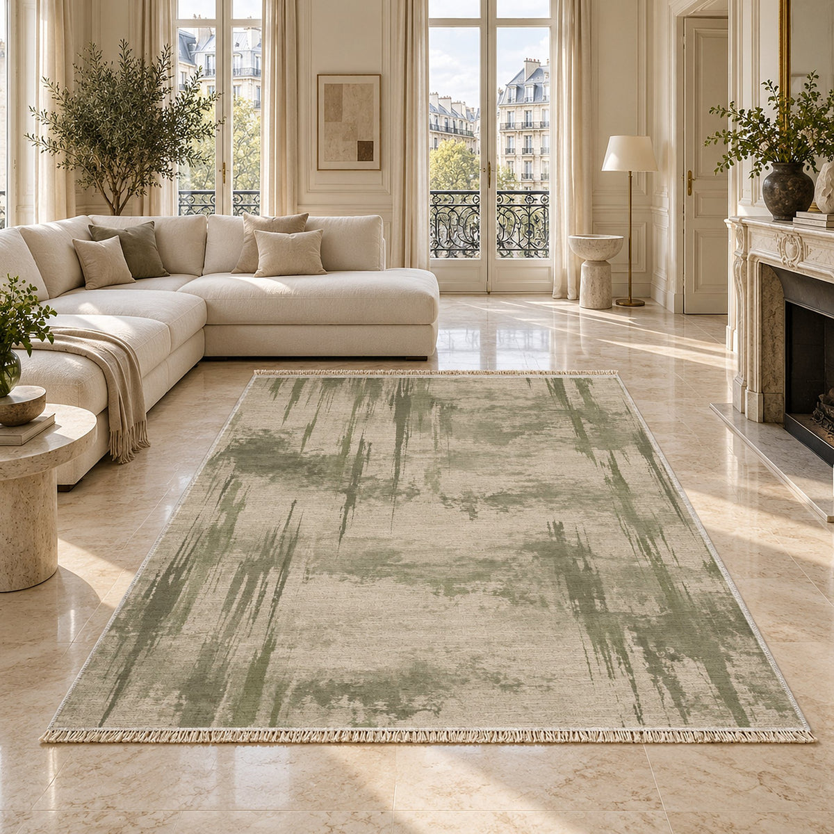 Pigment Rain Ivory & Sage washable rug on a marble floor