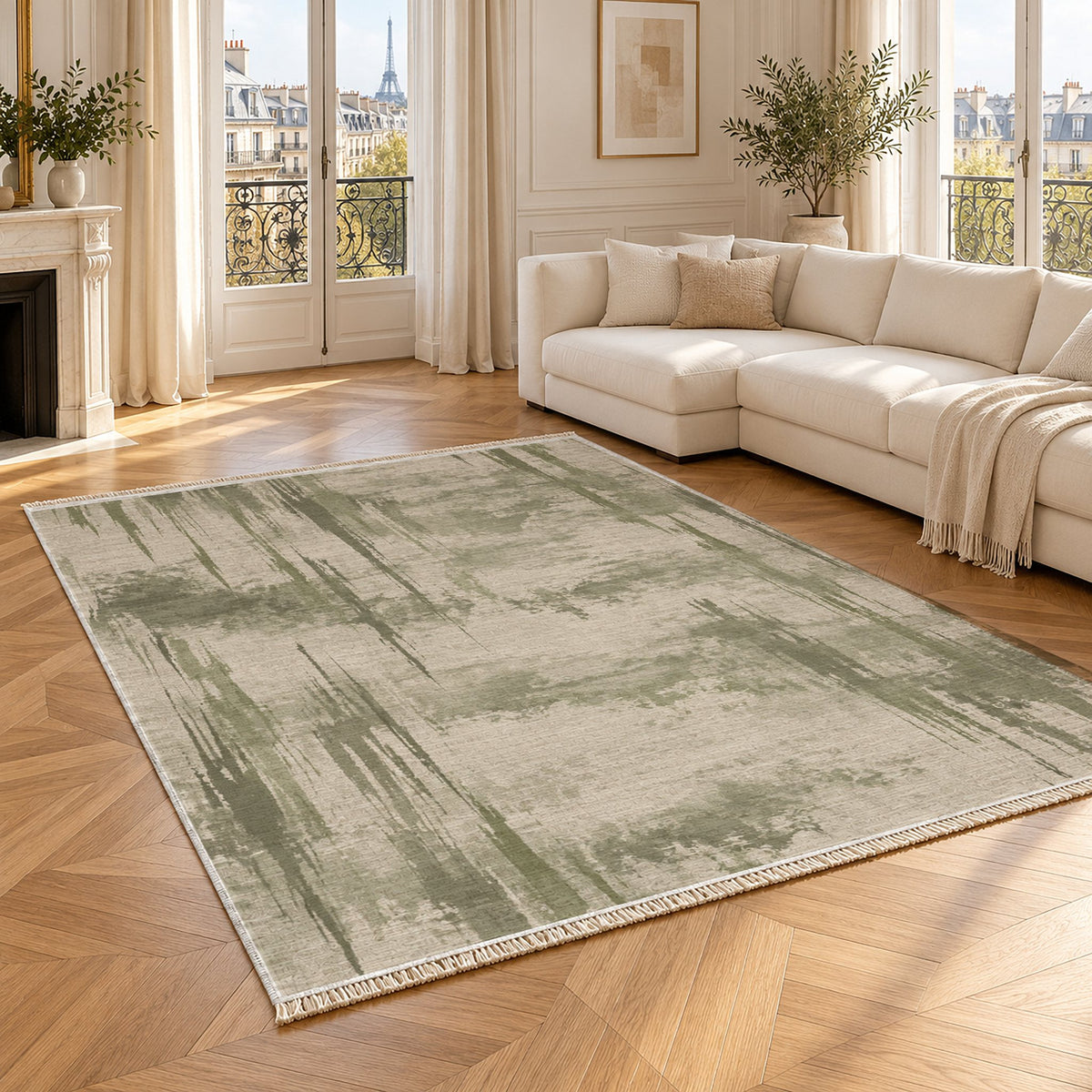 Pigment Rain Ivory & Sage washable rug angled room view