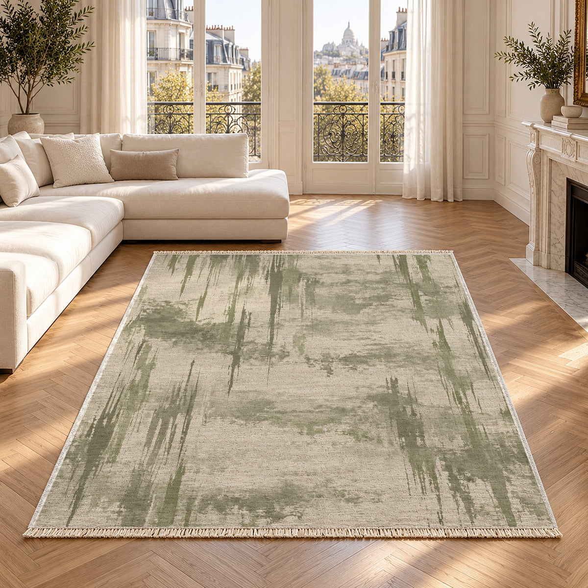 Pigment Rain Ivory & Sage washable rug in a Paris living room