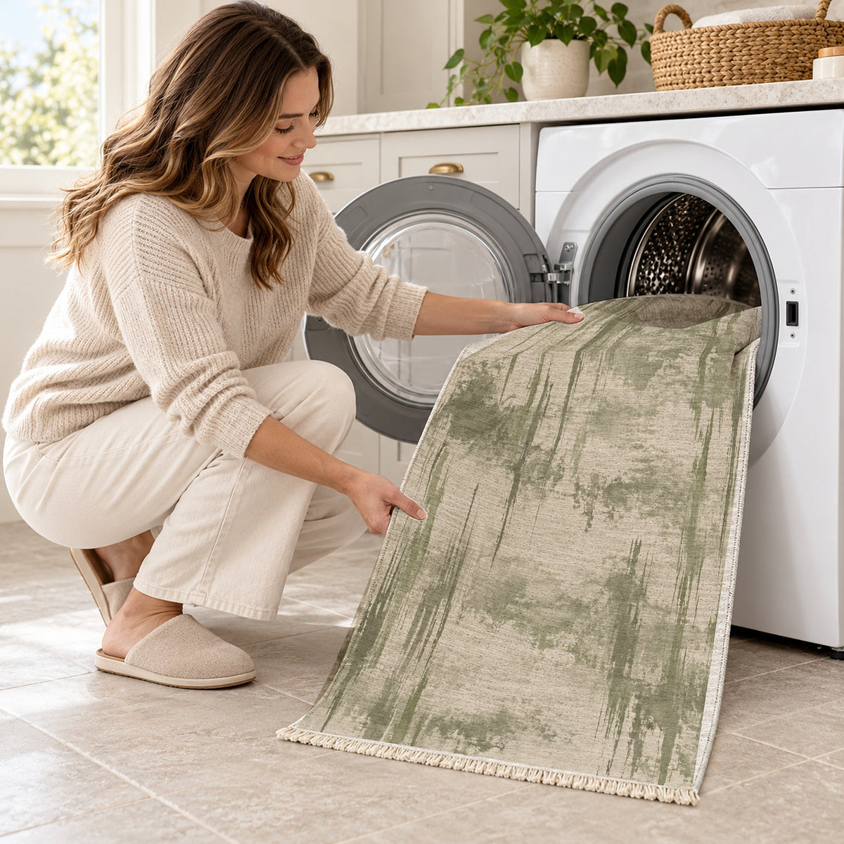 Pigment Rain Ivory & Sage washable rug being loaded into a washing machine