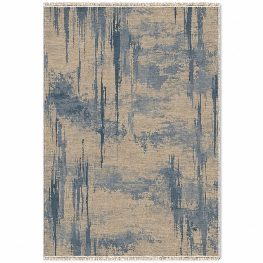 Pigment Rain Oat & Dusty Blue Abstract Washable Rug