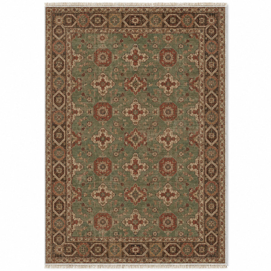 Polygon Rosettes Brown Seljuk Washable Rug