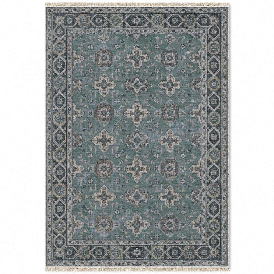 Polygon Rosettes Mineral Blue Seljuk Washable Rug