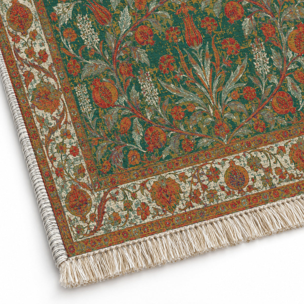 Pomegranate Court Emerald & Terracotta washable rug close-up of the printed chenille