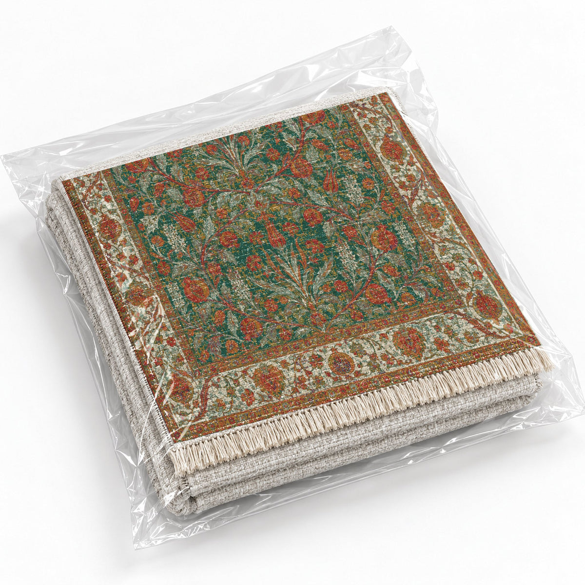 Pomegranate Court Emerald & Terracotta washable rug rolled and packaged