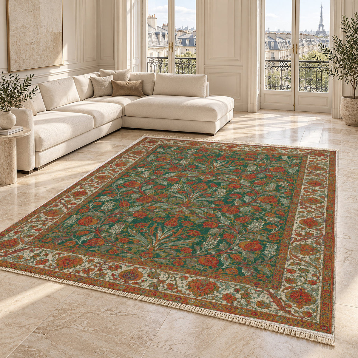 Pomegranate Court Emerald & Terracotta washable rug angled room view on marble