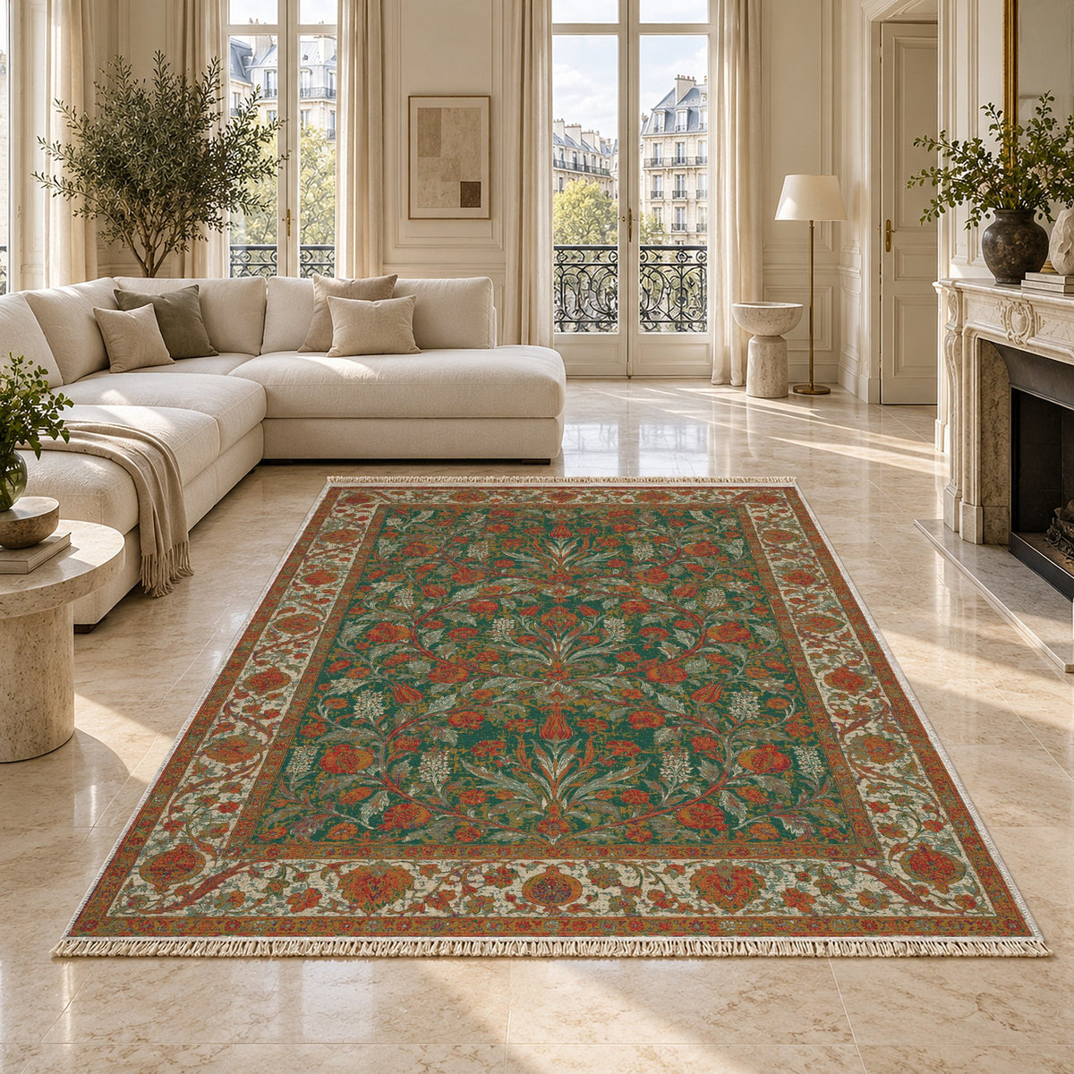 Pomegranate Court Emerald & Terracotta washable rug on a marble floor
