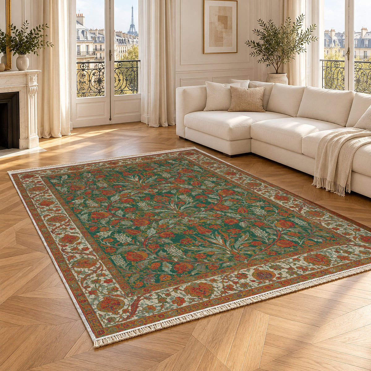 Pomegranate Court Emerald & Terracotta washable rug angled room view