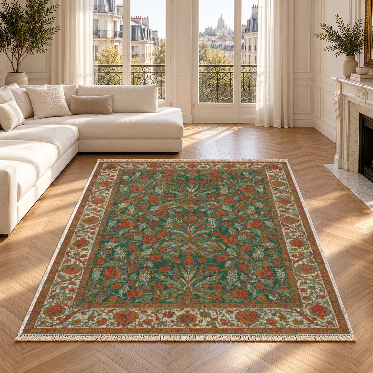Pomegranate Court Emerald & Terracotta washable rug in a Paris living room