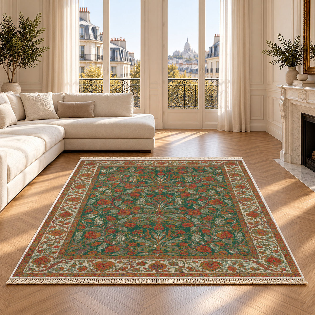 Pomegranate Court Emerald & Terracotta washable rug on an oak floor