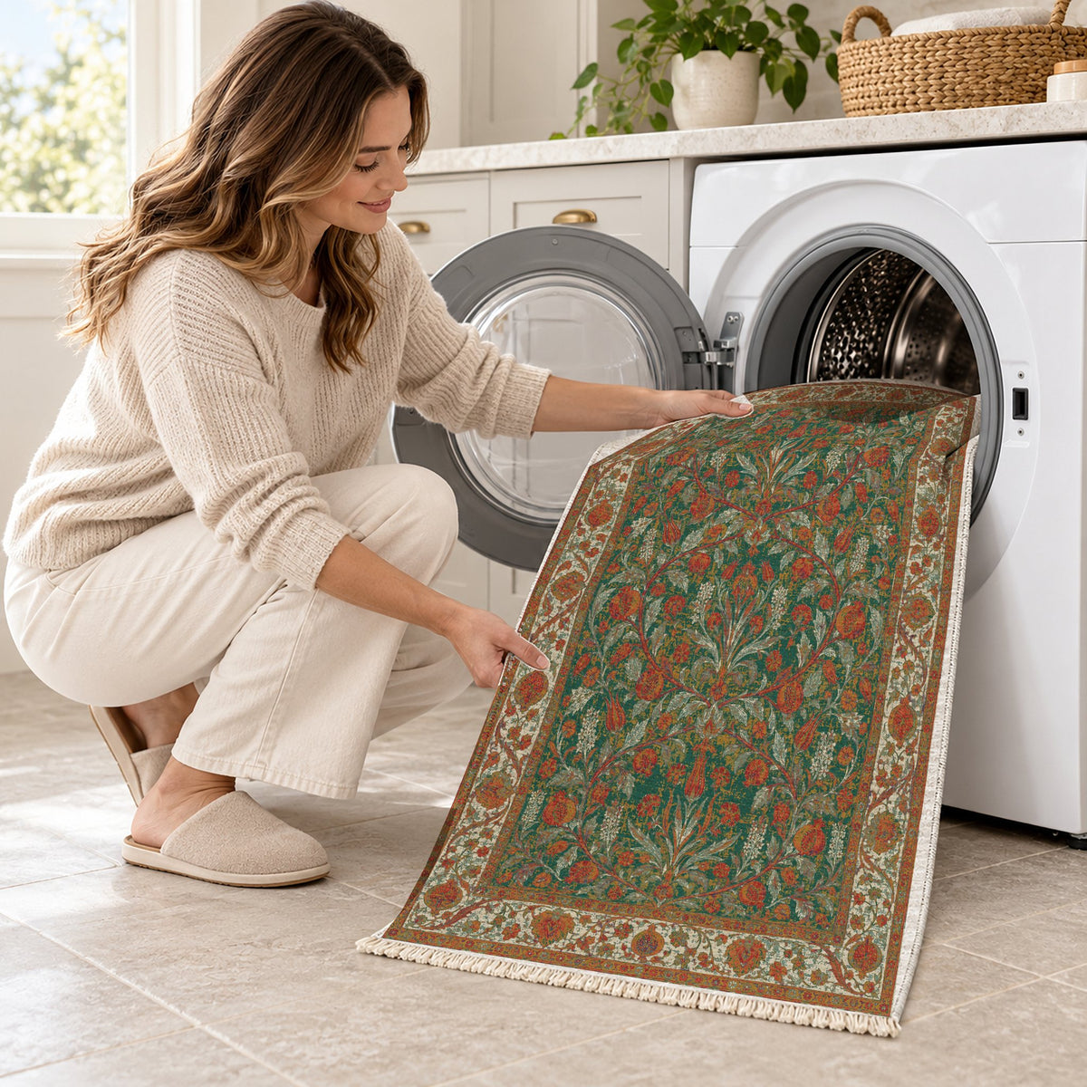 Pomegranate Court Emerald & Terracotta washable rug being loaded into a washing machine