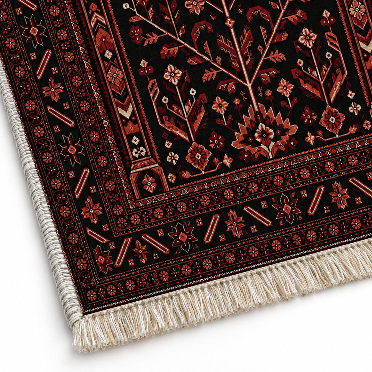 Prayer Arch Black washable rug close-up of the printed chenille