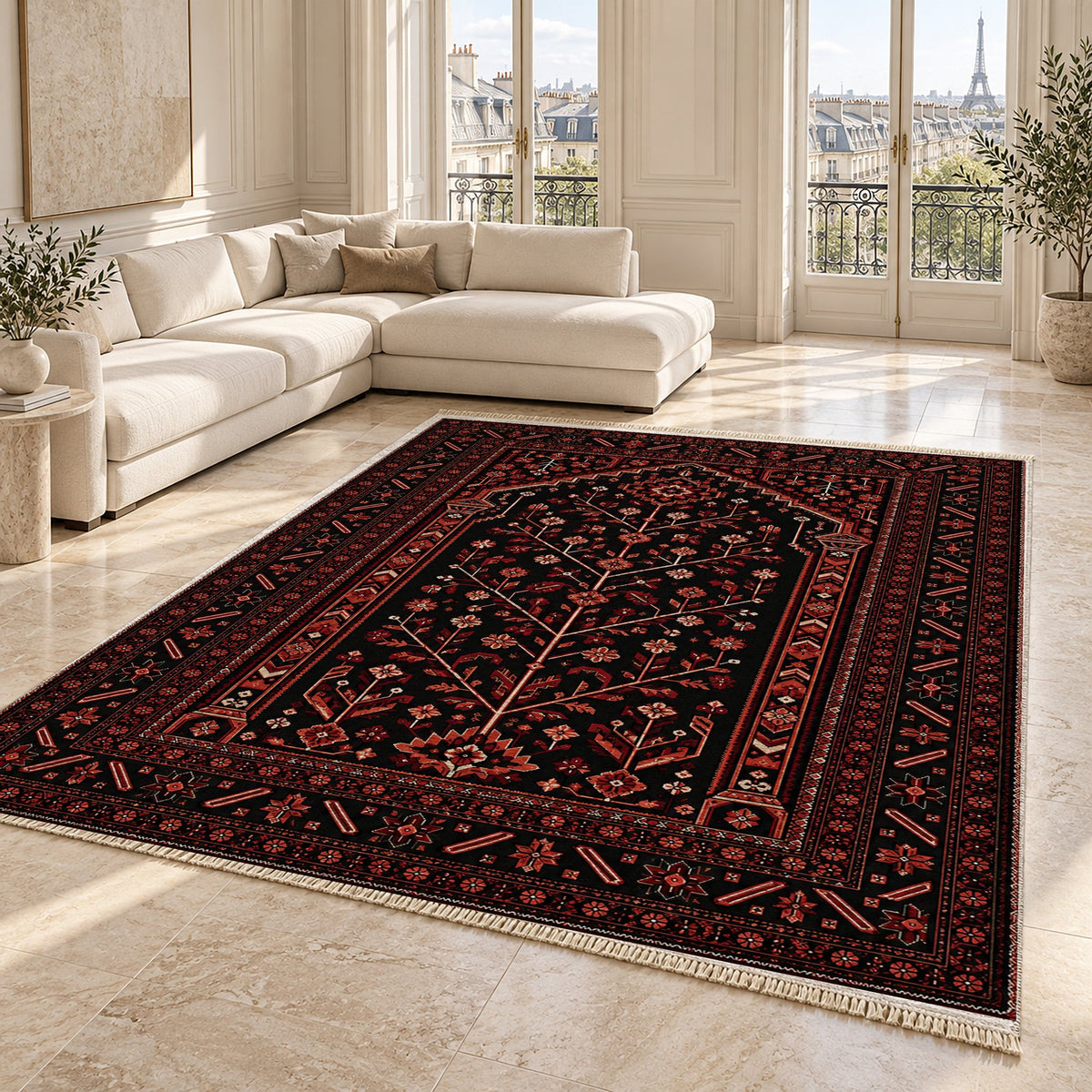 Prayer Arch Black washable rug angled room view on marble