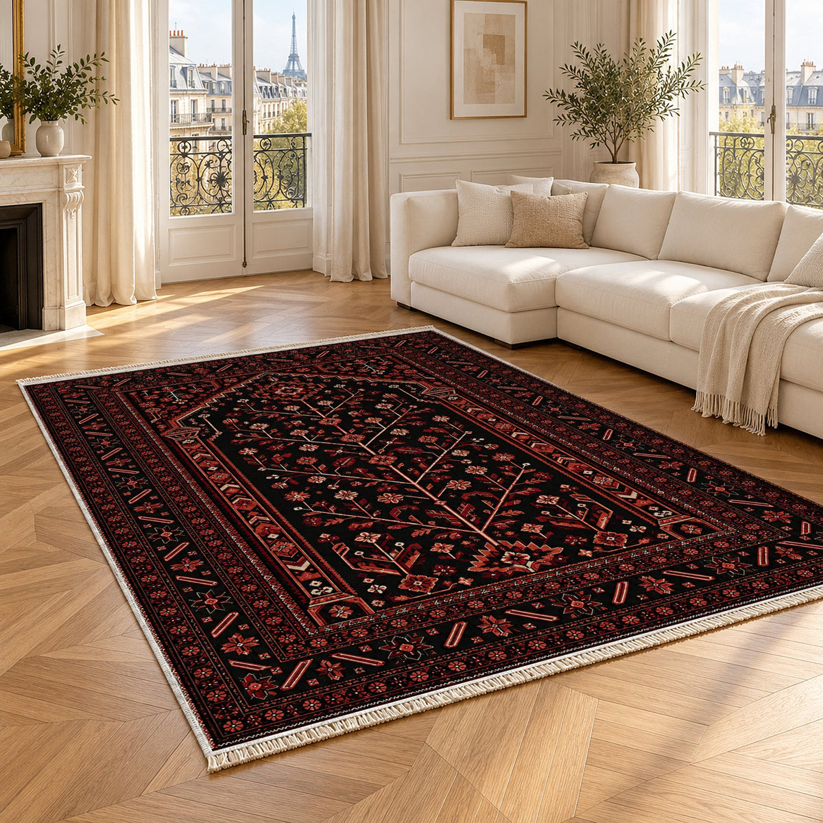 Prayer Arch Black washable rug angled room view