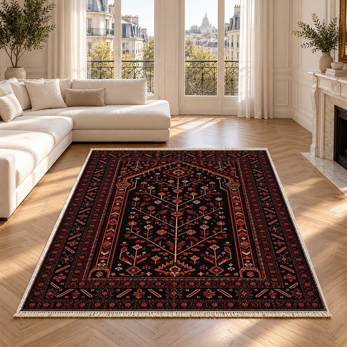 Prayer Arch Black washable rug in a Paris living room