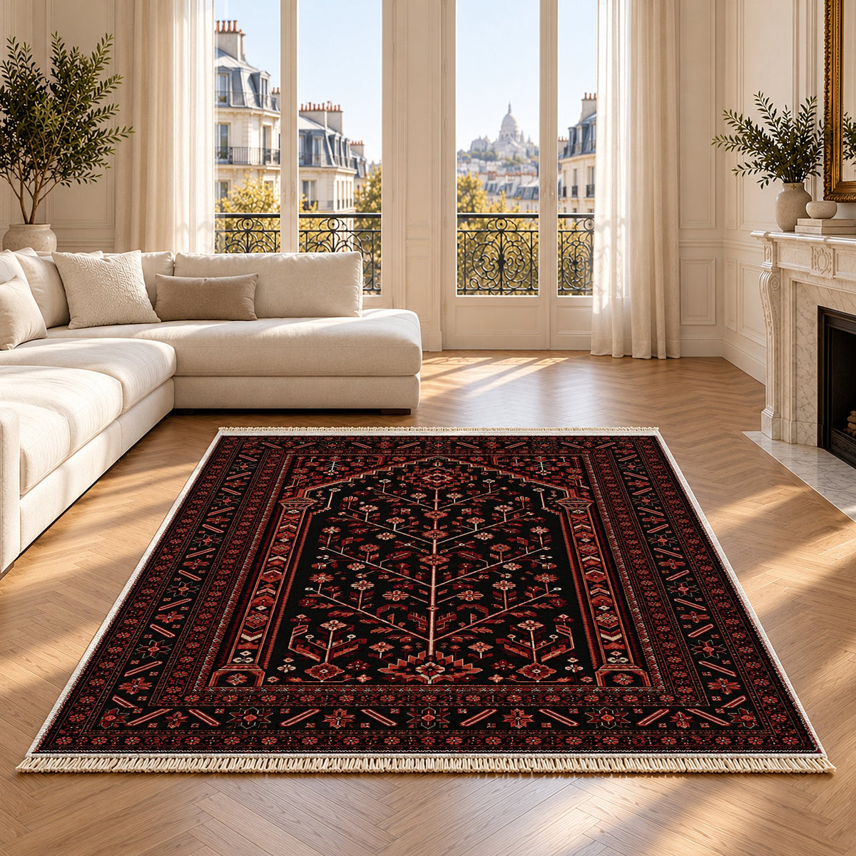 Prayer Arch Black washable rug on an oak floor