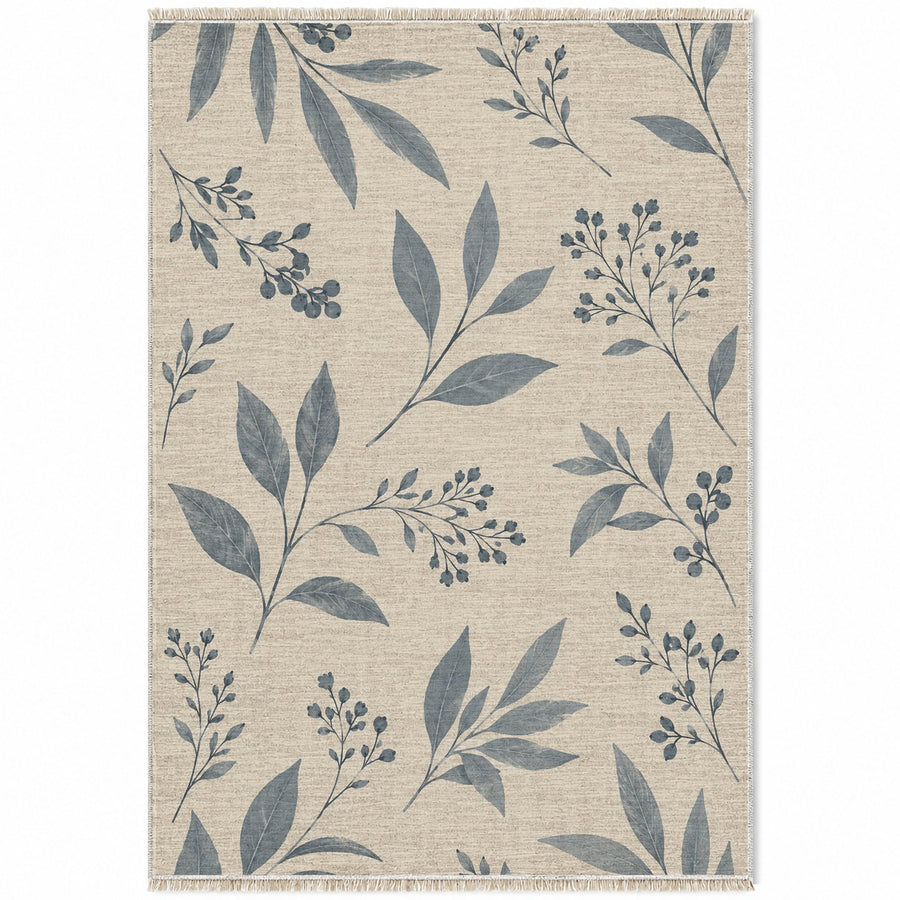 Pressed Leaves Ivory & Dusty Blue Botanical Washable Rug