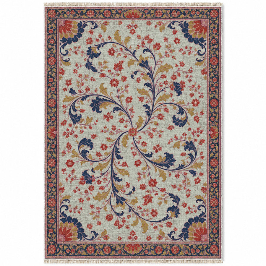 Quartered Vine Compass Glacier, Ink & Vermilion Distressed Washable Rug