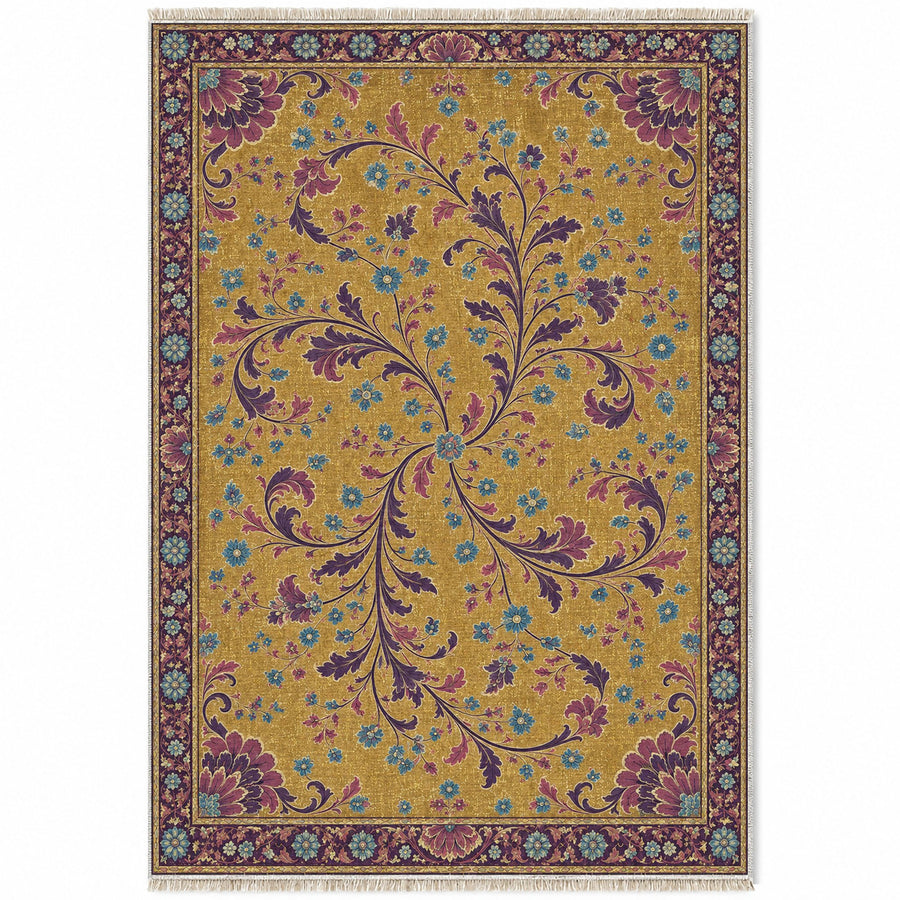 Quartered Vine Compass Golden, Plum & Azure Distressed Washable Rug