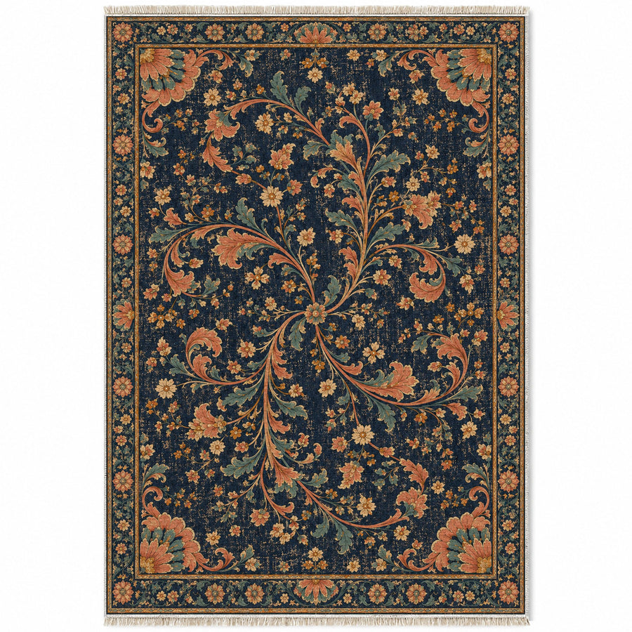 Quartered Vine Compass Midnight & Melon Distressed Washable Rug