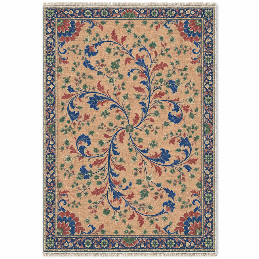 Quartered Vine Compass Peach, Cobalt & Jade Distressed Washable Rug