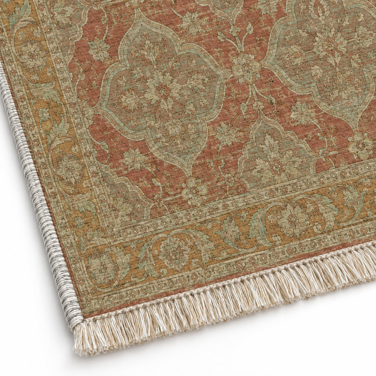 Quatrefoil Network Clay & Sage washable rug close-up of the printed chenille