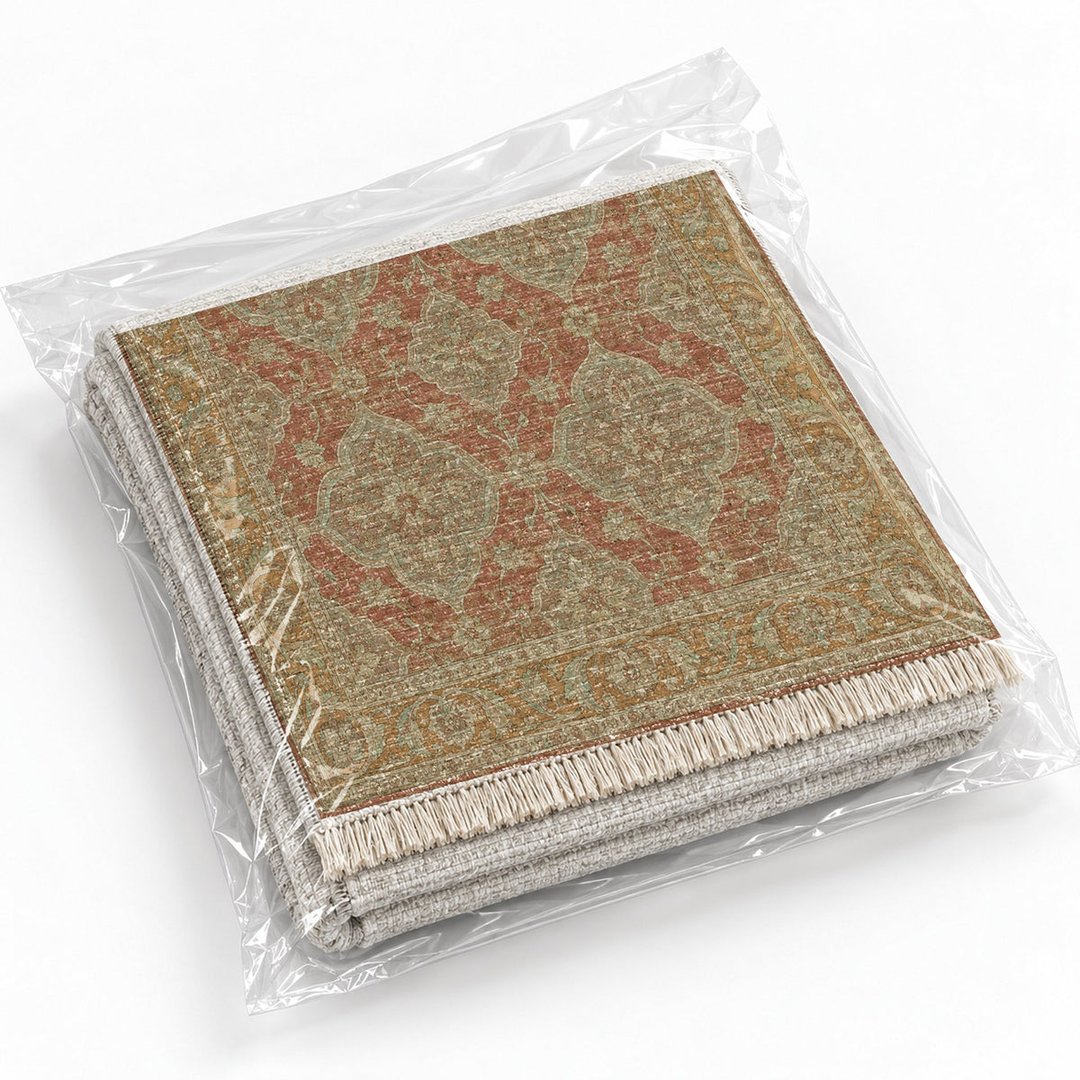 Quatrefoil Network Clay & Sage washable rug rolled and packaged