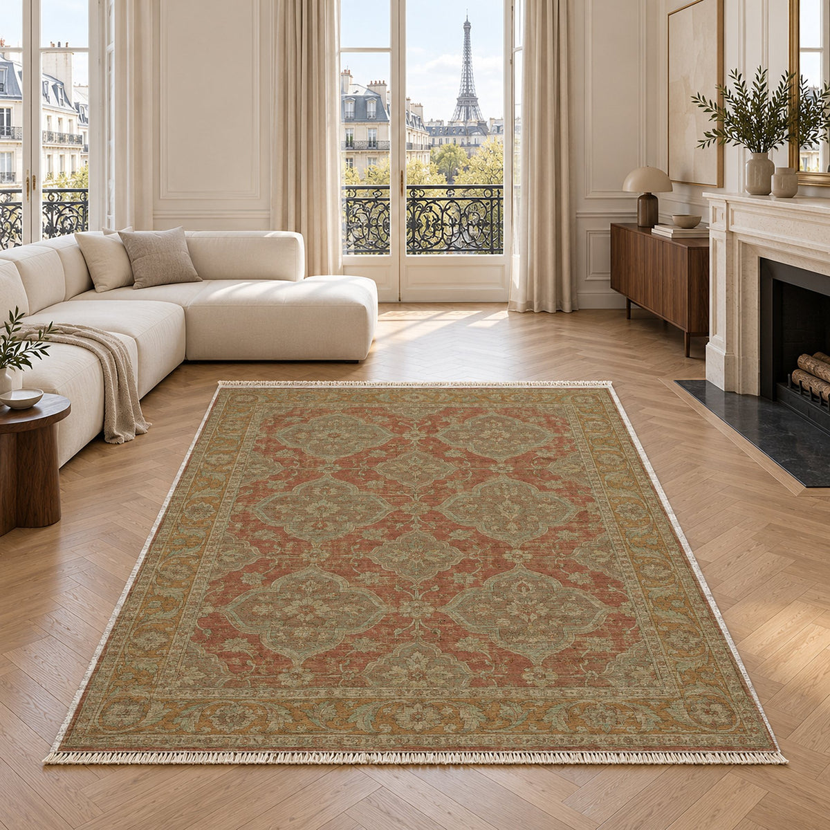 Quatrefoil Network Clay & Sage washable rug in a living room with an Eiffel Tower view