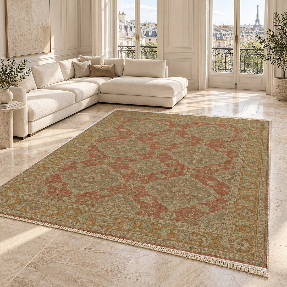 Quatrefoil Network Clay & Sage washable rug angled room view on marble