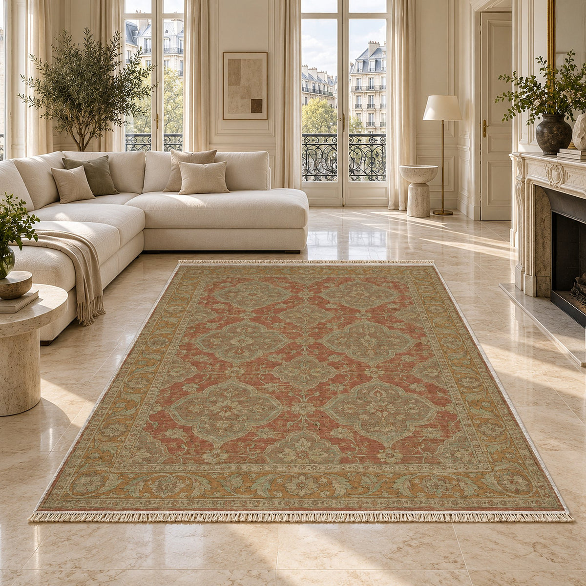 Quatrefoil Network Clay & Sage washable rug on a marble floor
