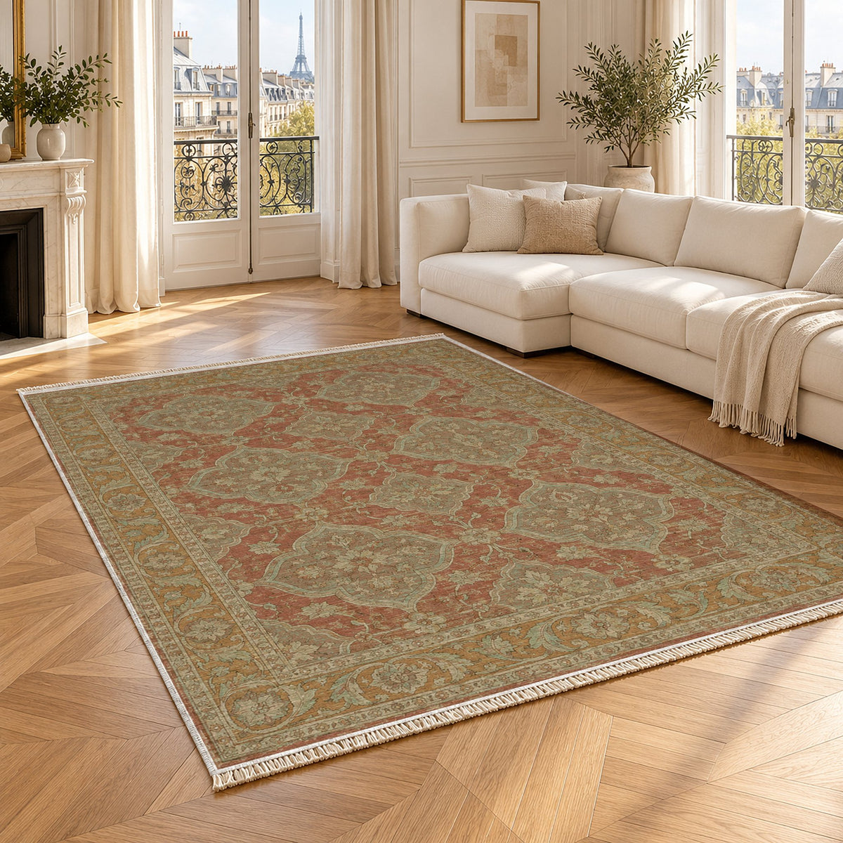 Quatrefoil Network Clay & Sage washable rug angled room view