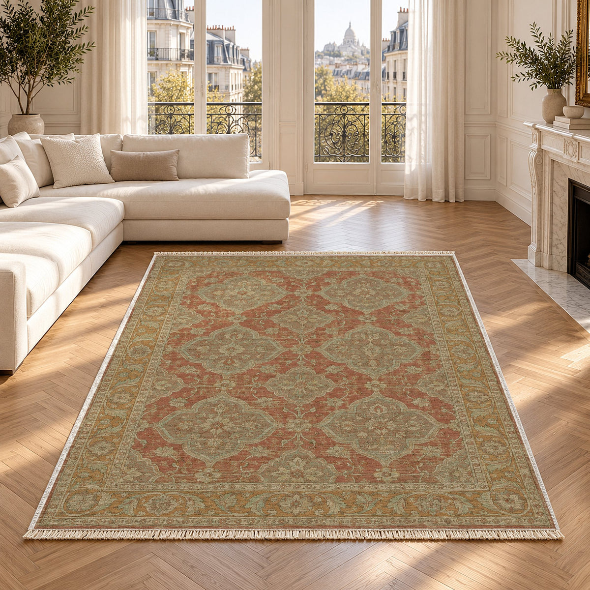 Quatrefoil Network Clay & Sage washable rug in a Paris living room