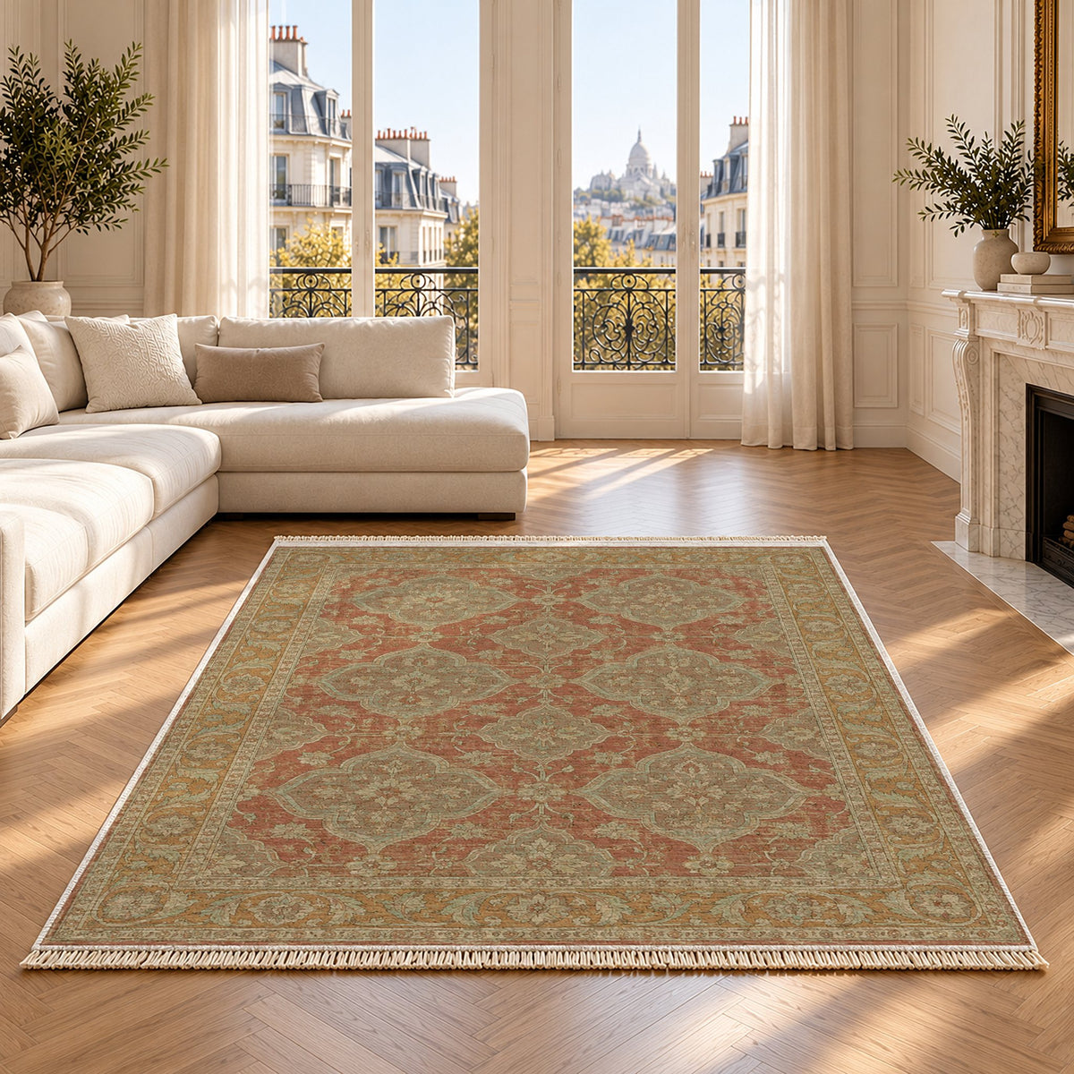 Quatrefoil Network Clay & Sage washable rug on an oak floor