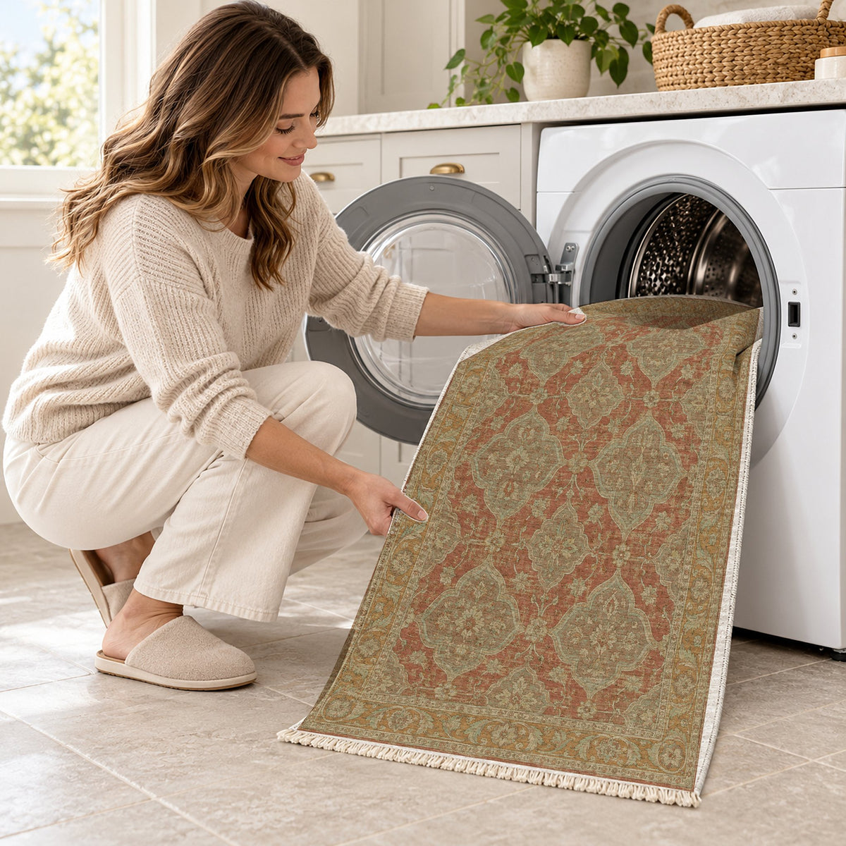 Quatrefoil Network Clay & Sage washable rug being loaded into a washing machine
