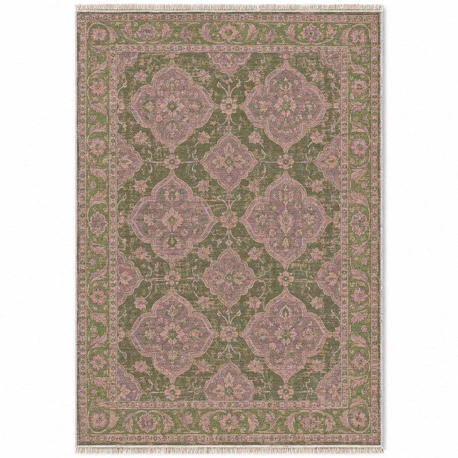 Quatrefoil Network Rose & Olive Ushak Washable Rug