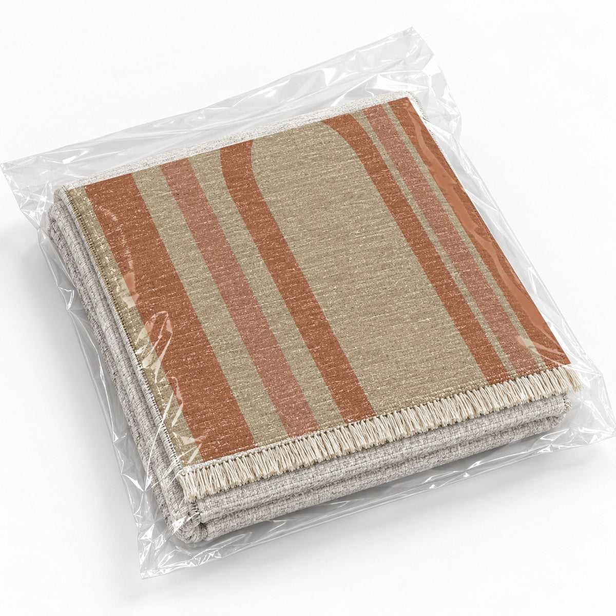 Quiet Arches Sand & Terracotta washable rug rolled and packaged