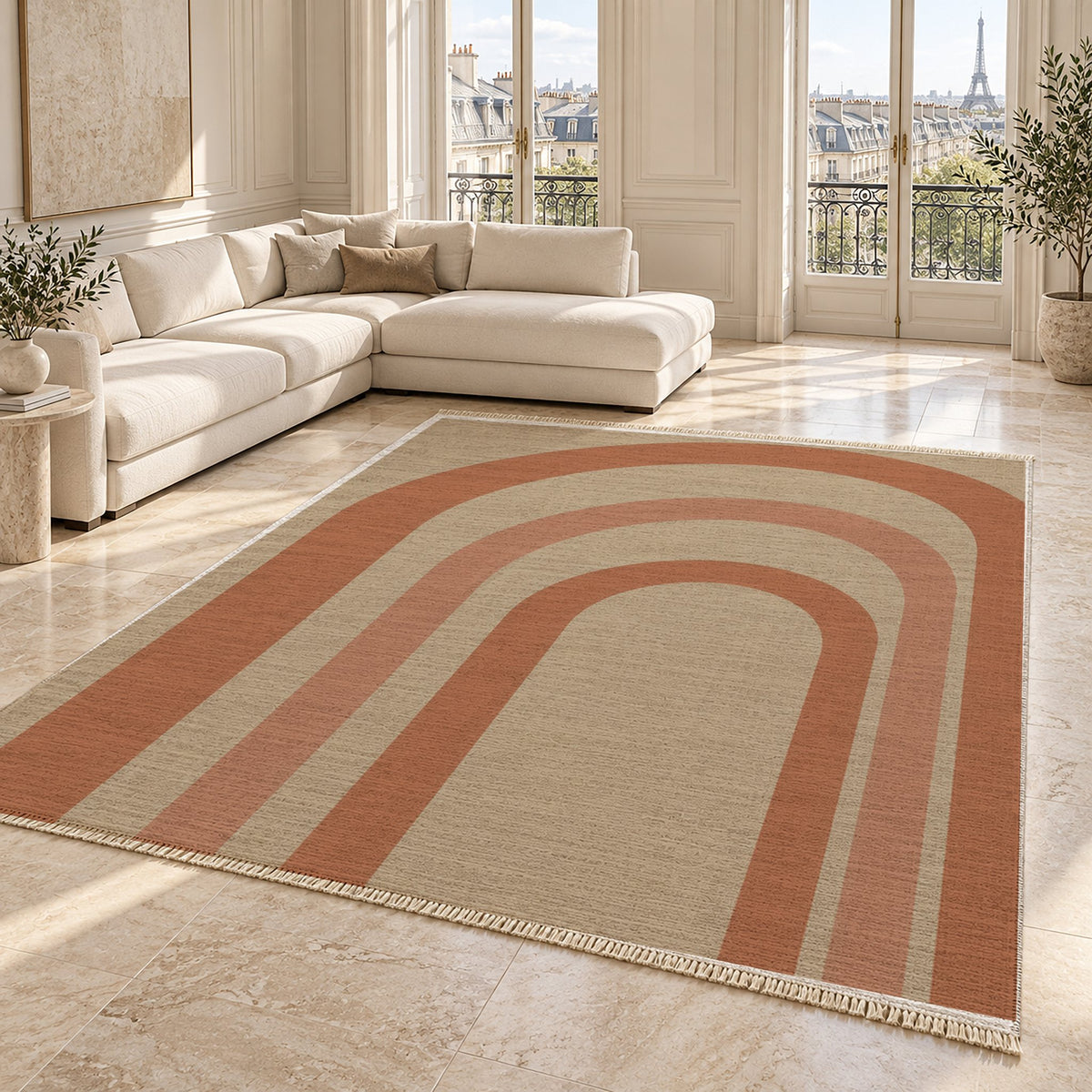 Quiet Arches Sand & Terracotta washable rug angled room view on marble