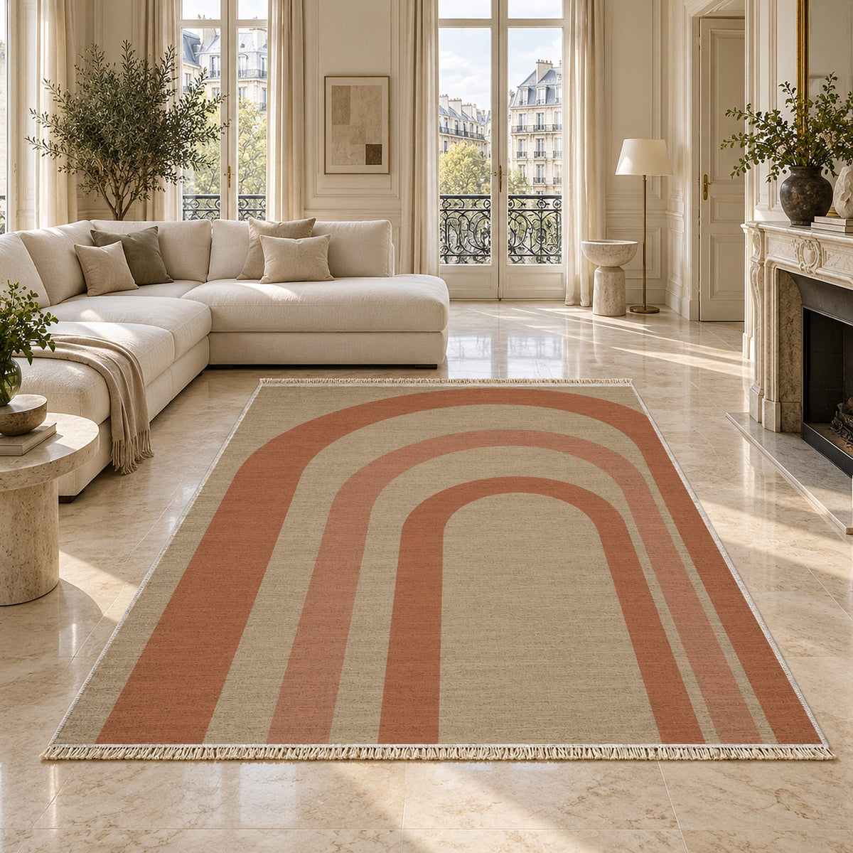 Quiet Arches Sand & Terracotta washable rug on a marble floor