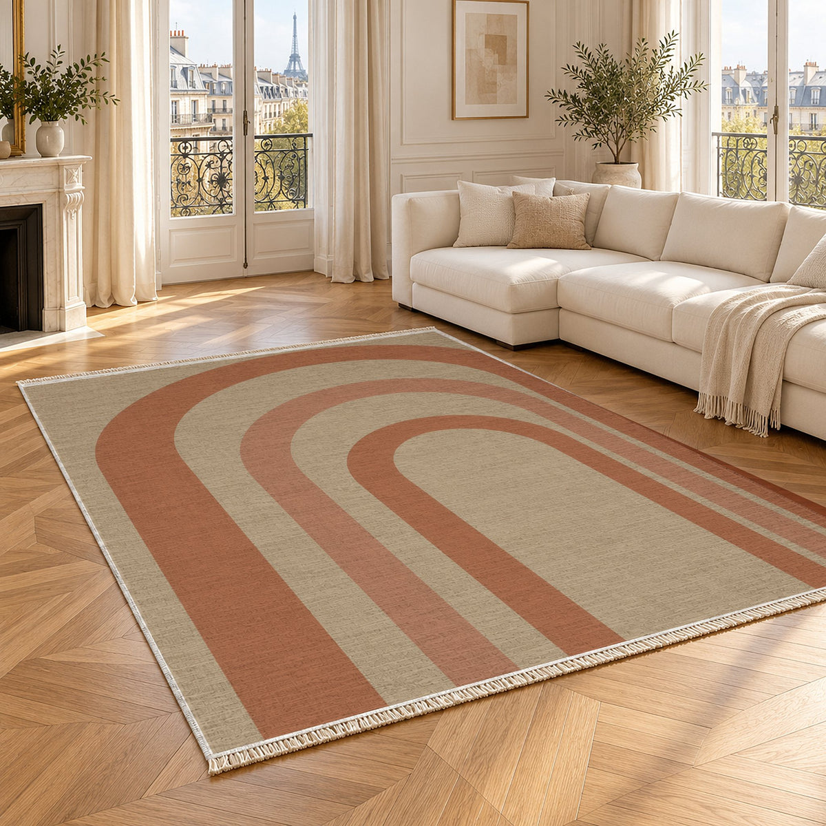 Quiet Arches Sand & Terracotta washable rug angled room view