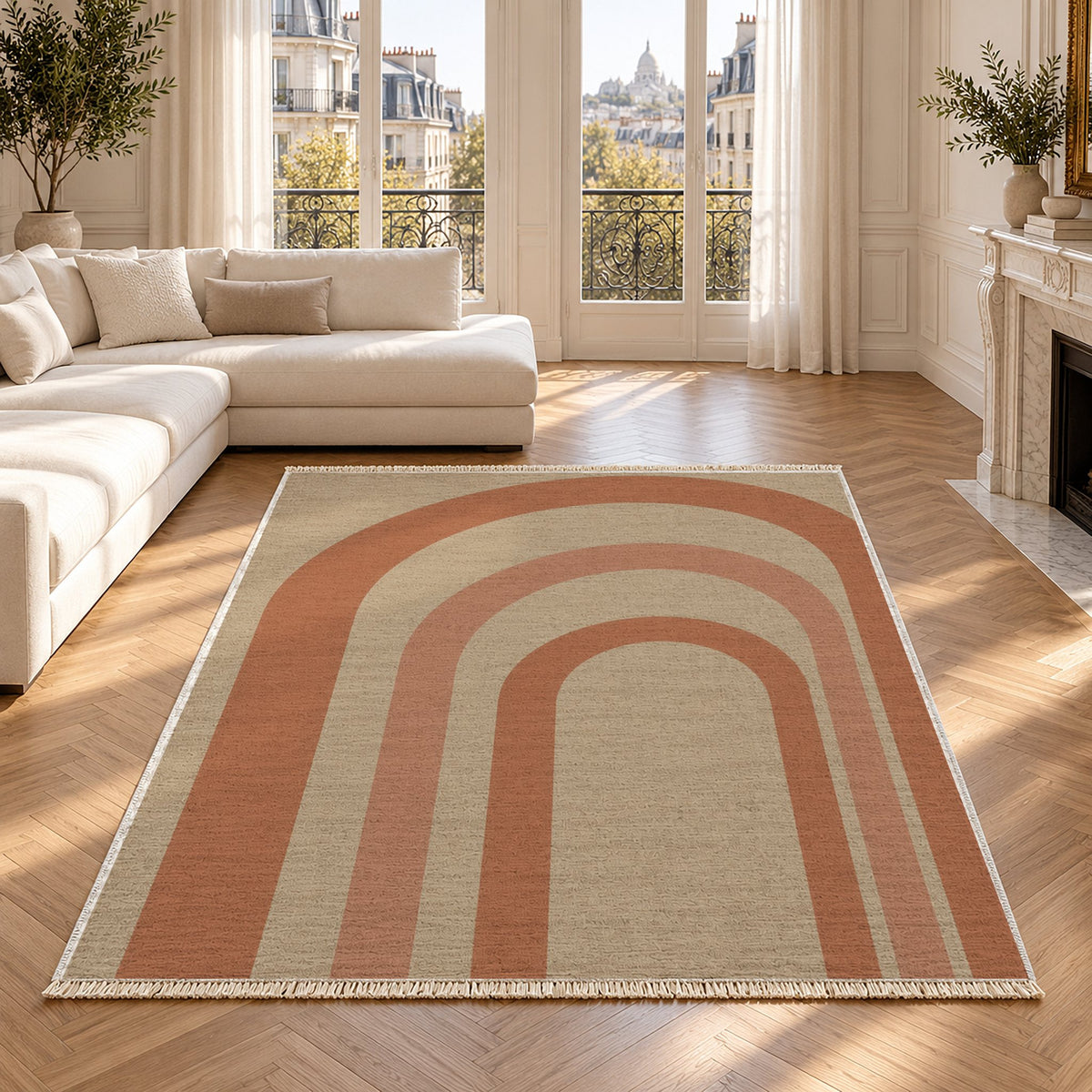 Quiet Arches Sand & Terracotta washable rug in a Paris living room